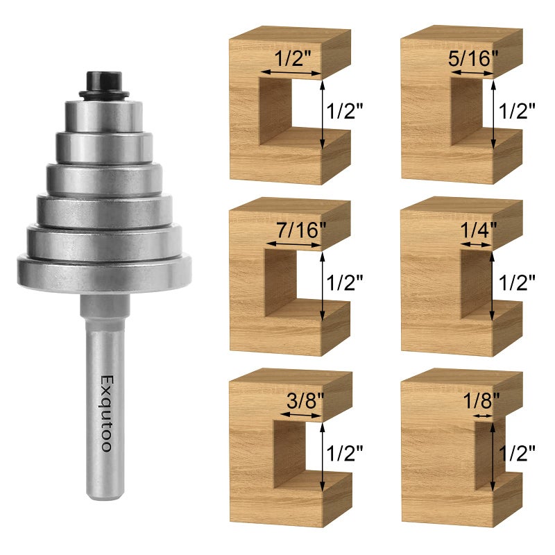Exqutoo 1/4 Inch Shank Rabbet Router Bit Set with 6 Adjustable Bearing Carbide Tipped Rabbeting Bit(1/8",1/4",5/16" 3/8",7/16",1/2") CNC Router Bits Woodworking Tools for Doors Drill Bitâ€¦ - Image 5